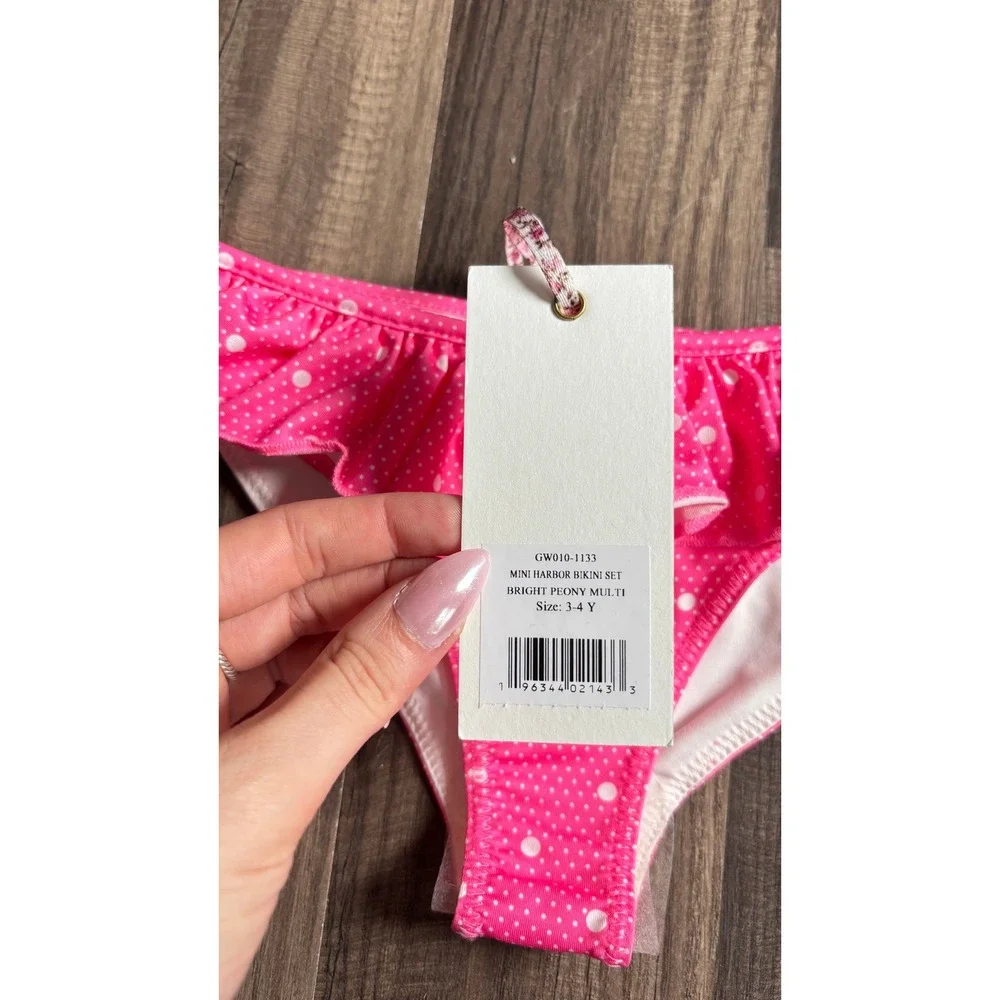 $95 NWT LoveShackFancy Girls Bikini Bright Pink Multi Polka Dot Ruffle Size 3-4Y